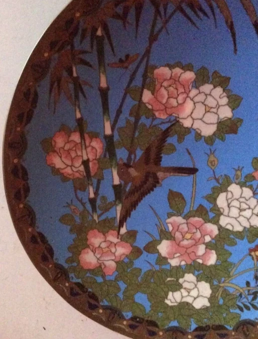 Japon assiette cloisonné émail émaux sur cuivre oiseaux jardin
