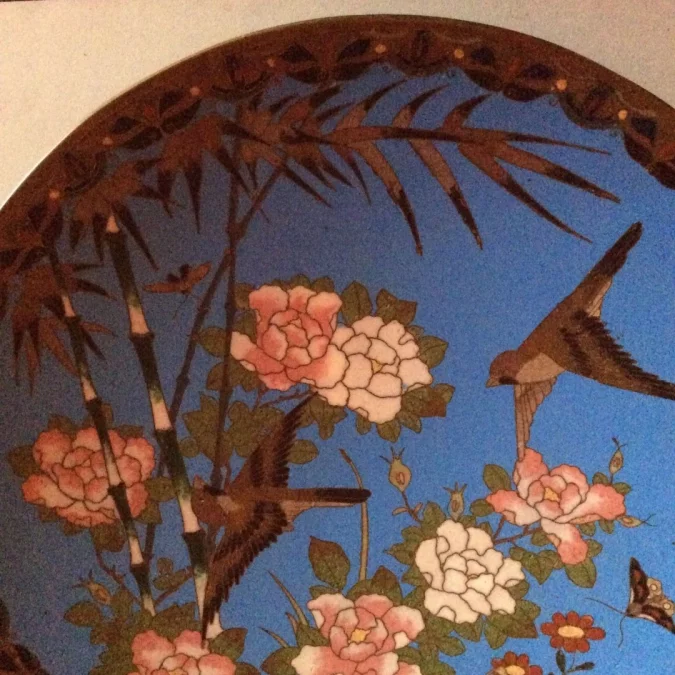 Japon assiette cloisonné émail émaux sur cuivre oiseaux jardin