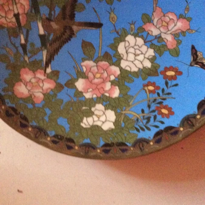 Japon assiette cloisonné émail émaux sur cuivre oiseaux jardin