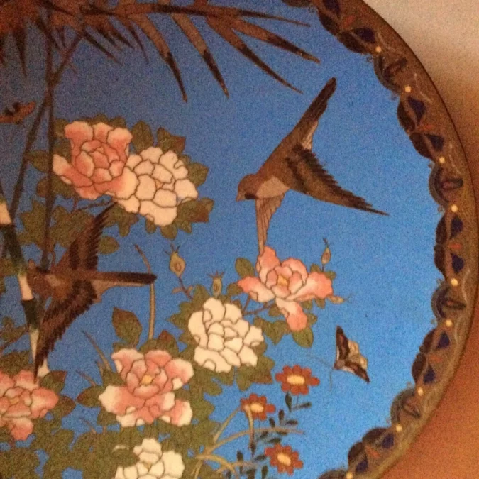 Japon assiette cloisonné émail émaux sur cuivre oiseaux jardin