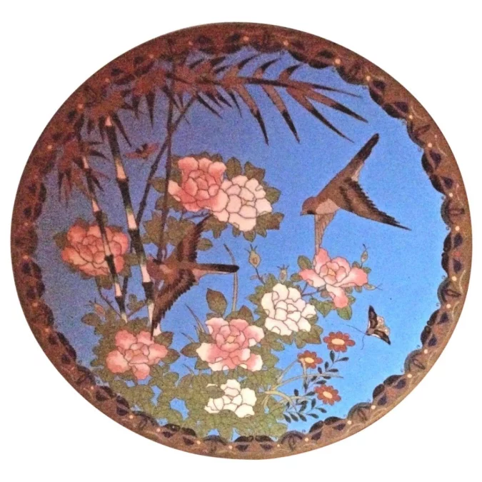 Japon assiette cloisonné émail émaux sur cuivre oiseaux jardin