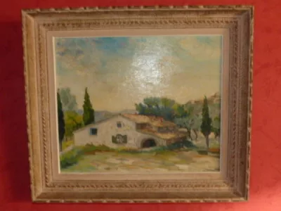 Tableau huile sur toile paysage  fait en Avignon   (signé Fabien 1947)