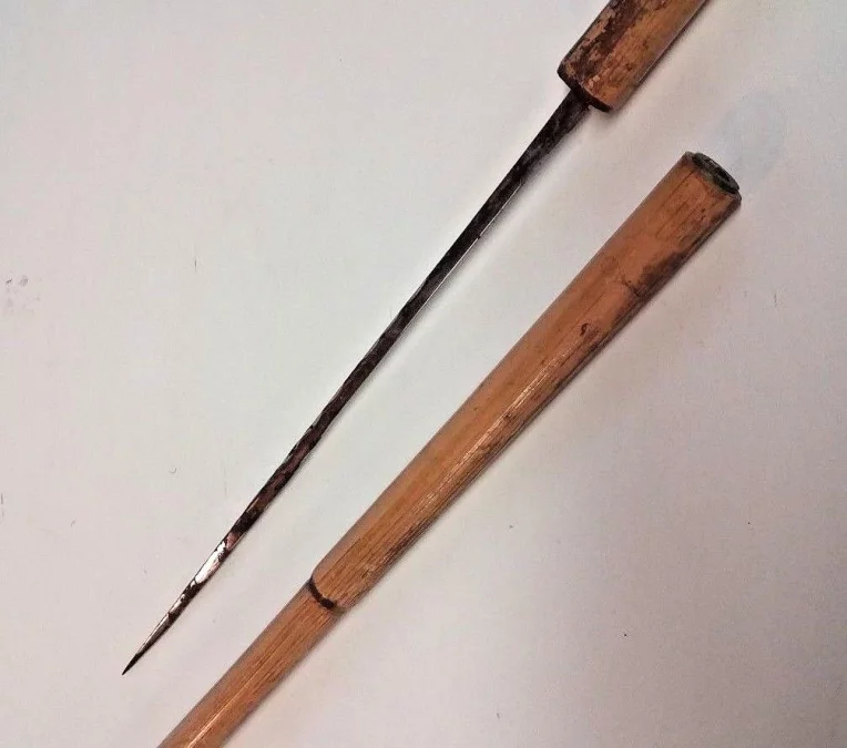 Canne ancienne de marche de collection pommeau corne système dague 19ème