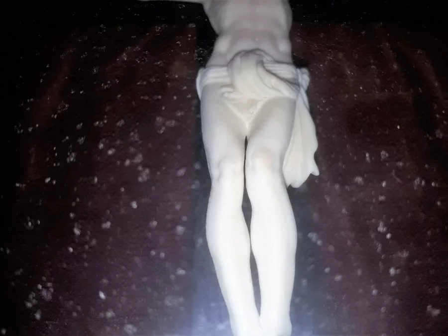 Christ en ivoire sculpté sur sa croix ou crucifix dans un cadre en bois noirci, d'époque XIXème siècle