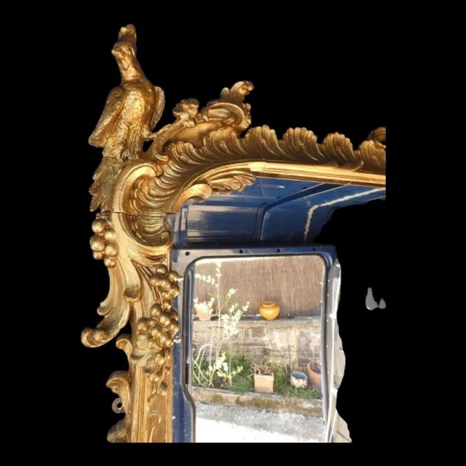 Miroir de boiserie "aux perroquets" en bois sculpté et laqué de style Louis XV