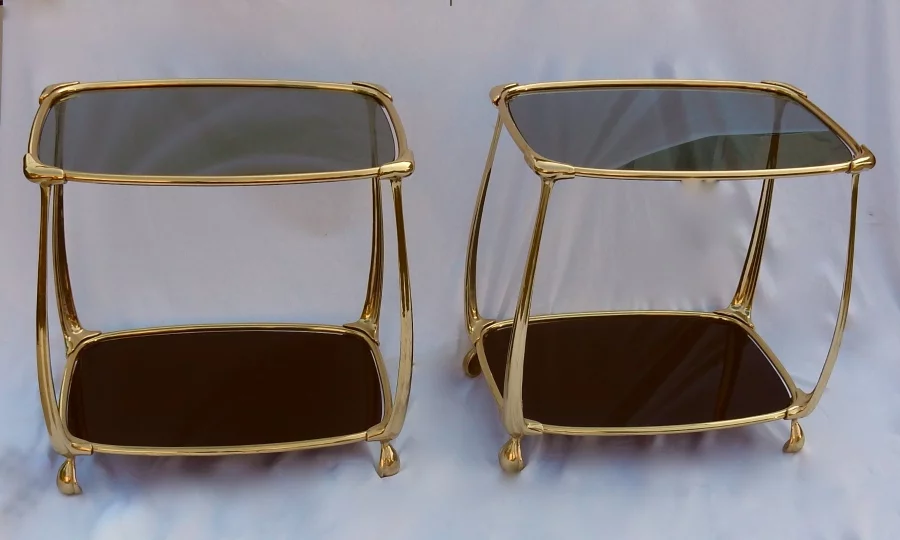 1970/80′ Pair of Gilt Bronze Tables with 2 Levels Art Nouveau Style Glass and Opaline Tops