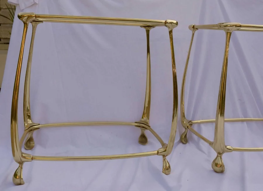 1970/80′ Pair of Gilt Bronze Tables with 2 Levels Art Nouveau Style Glass and Opaline Tops