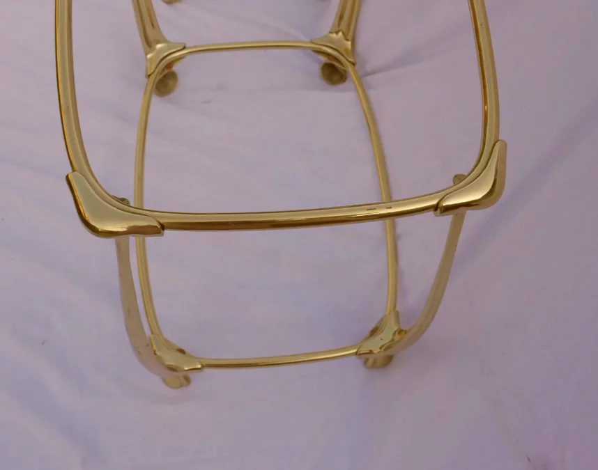 1970/80′ Pair of Gilt Bronze Tables with 2 Levels Art Nouveau Style Glass and Opaline Tops