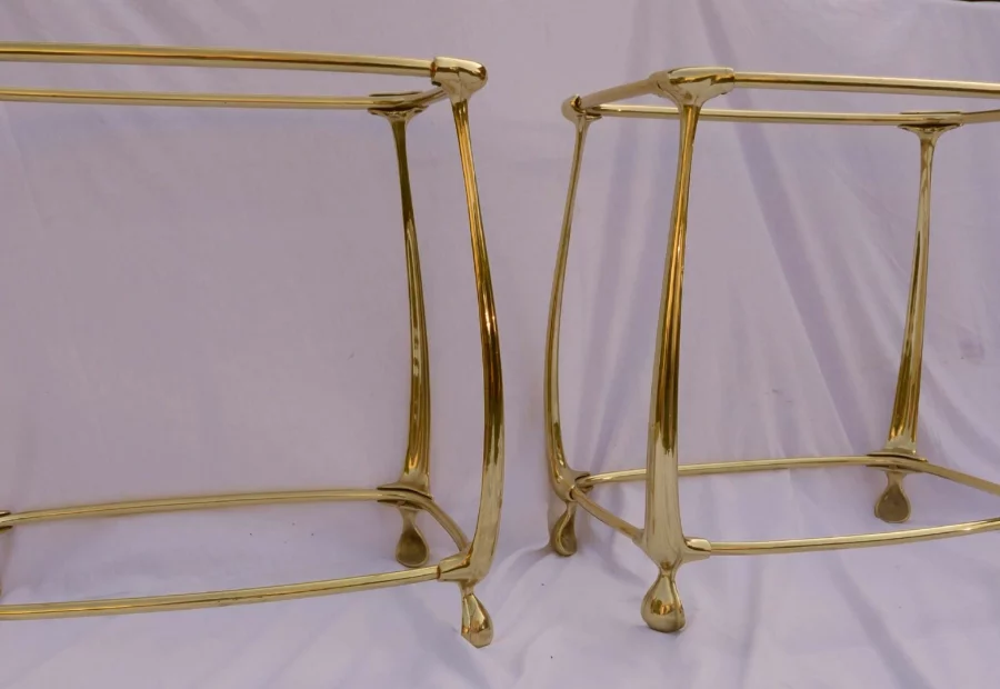 1970/80′ Pair of Gilt Bronze Tables with 2 Levels Art Nouveau Style Glass and Opaline Tops