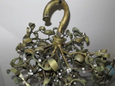 Art Nouveau Mistletoe Ball Chandelier with 4 Bulbs in Bronze and Opaline Beads