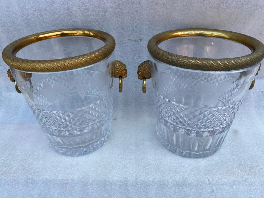 1950-70′ Pair Of St Louis Crystal Champagne Buckets Engraved With Attributes of the Vine and Gilt Bronze With Lion Heads