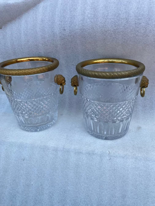 1950-70′ Pair Of St Louis Crystal Champagne Buckets Engraved With Attributes of the Vine and Gilt Bronze With Lion Heads