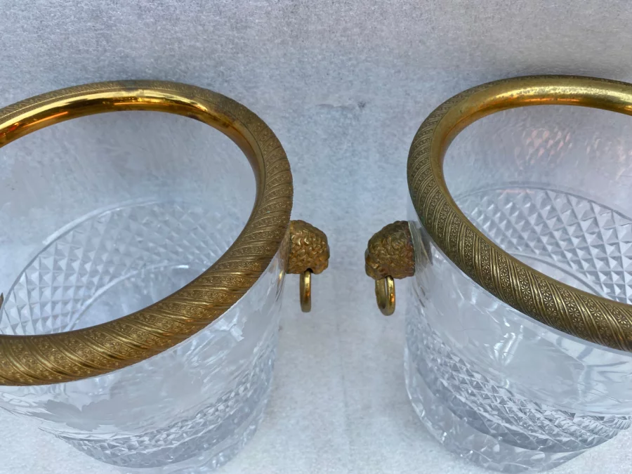 1950-70′ Pair Of St Louis Crystal Champagne Buckets Engraved With Attributes of the Vine and Gilt Bronze With Lion Heads