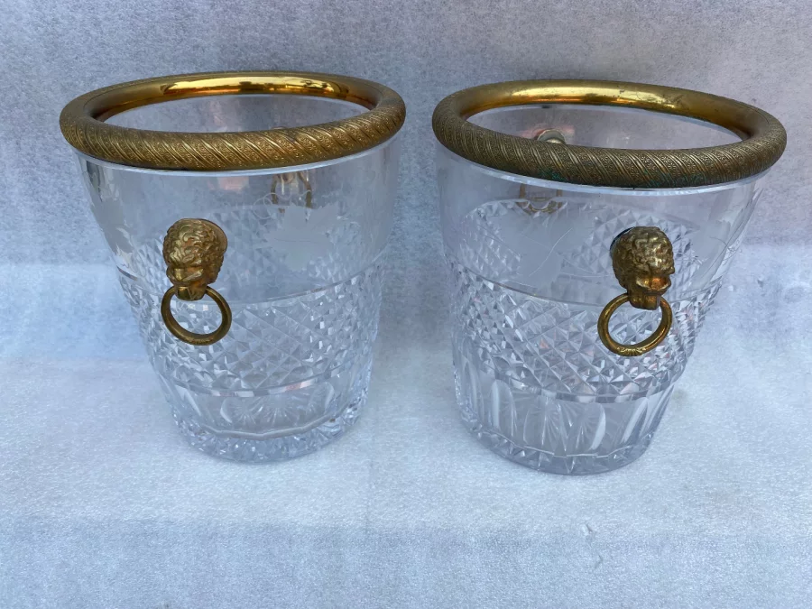 1950-70′ Pair Of St Louis Crystal Champagne Buckets Engraved With Attributes of the Vine and Gilt Bronze With Lion Heads