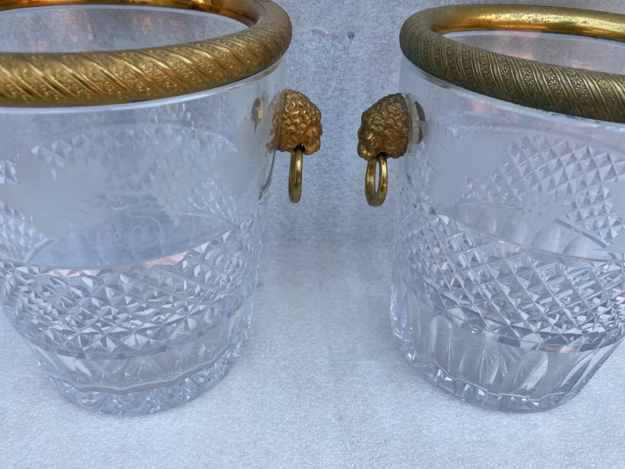 1950-70′ Pair Of St Louis Crystal Champagne Buckets Engraved With Attributes of the Vine and Gilt Bronze With Lion Heads