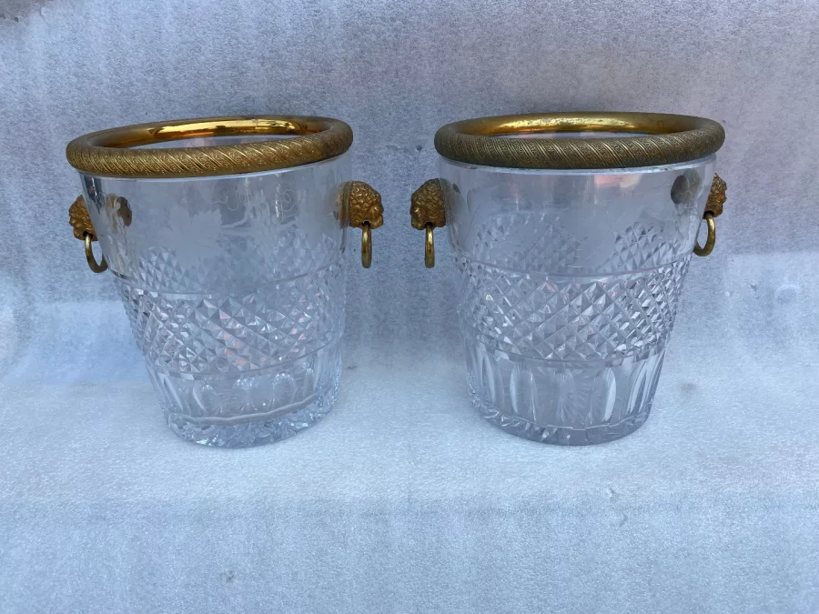 1950-70′ Pair Of St Louis Crystal Champagne Buckets Engraved With Attributes of the Vine and Gilt Bronze With Lion Heads