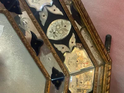 1970/80 Octagonal Venice Mirror Louis 14 Style Pareclose Golden Wood With Blue Glass Ornaments And Oxidized Mirrors