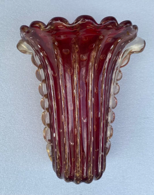 1970′ Murano Crystal Vase in Purple and Gold, Signed Toso