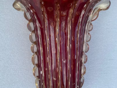 1970′ Murano Crystal Vase in Purple and Gold, Signed Toso