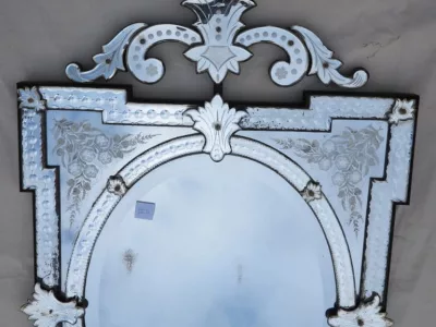 Venice Mirror with Overhanging Corners and Tain Mercure Pediment with Engraved Flowers and Mounting Supports