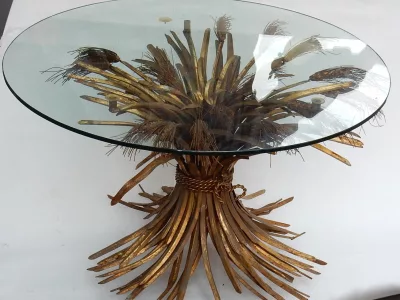 1970s Wheat Sheaf Pedestal or Coffee Table in the Style of YSL, Gilded Metal