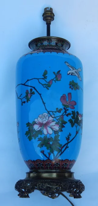 1890′ Japanese Cloisonné Lamp With Birds and Flowers