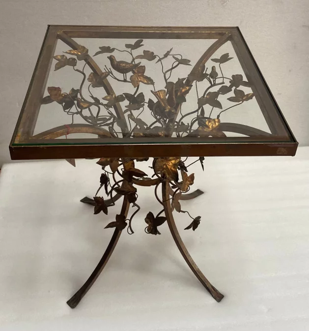 1970′ Patinated Iron Gueridon with Vegetal and Bird Deco