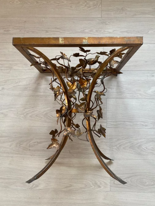 1970′ Patinated Iron Gueridon with Vegetal and Bird Deco