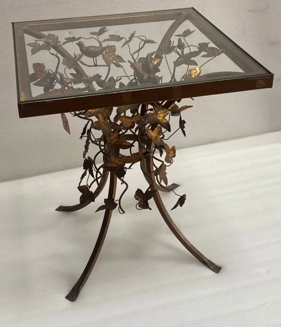 1970′ Patinated Iron Gueridon with Vegetal and Bird Deco