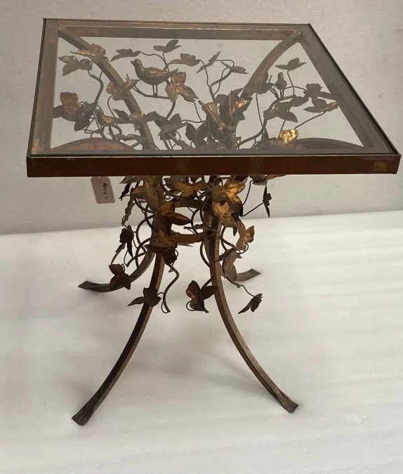 1970′ Patinated Iron Gueridon with Vegetal and Bird Deco
