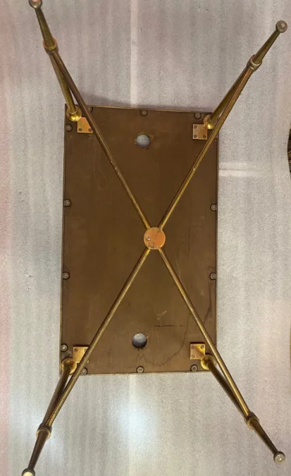 1950/70′ Bronze Sofa End, Marble Or Blue Onyx Top And Rust Maison Charles Signed With Spacer