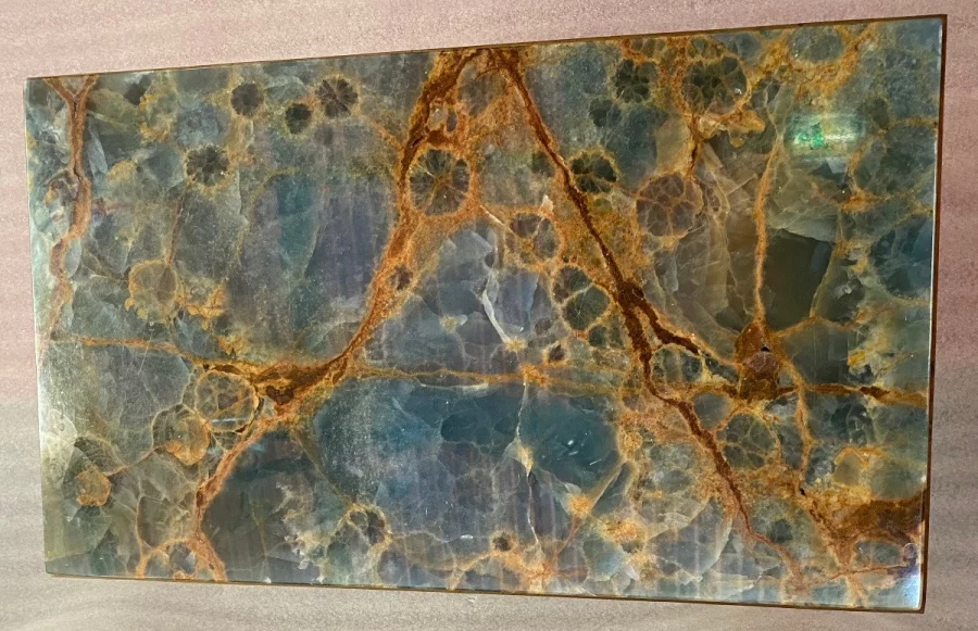 1950/70′ Bronze Sofa End, Marble Or Blue Onyx Top And Rust Maison Charles Signed With Spacer