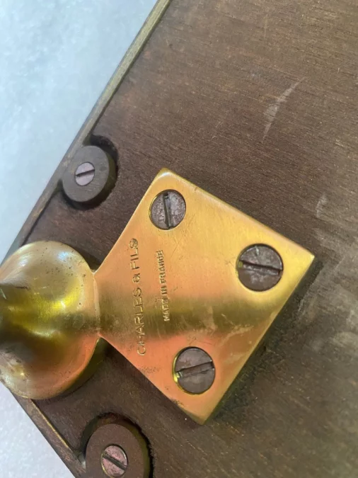 1950/70′ Bronze Sofa End, Marble Or Blue Onyx Top And Rust Maison Charles Signed With Spacer