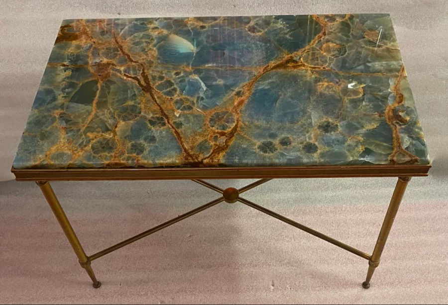 1950/70′ Bronze Sofa End, Marble Or Blue Onyx Top And Rust Maison Charles Signed With Spacer