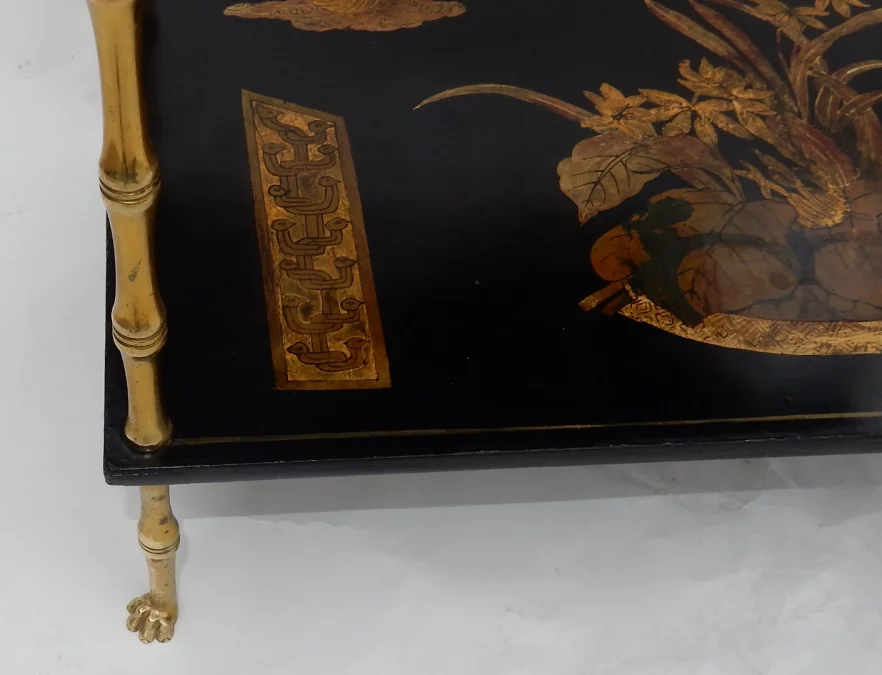 1950s Maison Baguès Table with Bamboo Décor in Gilded Bronze and Chinese Lacquered Shelves