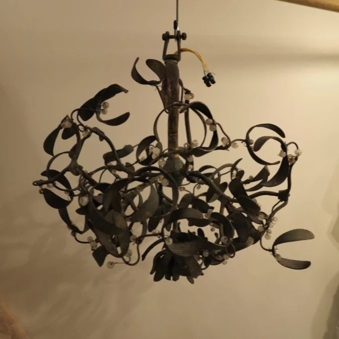 1900′ Mistletoe Ball Chandelier in Bronze, Art Nouveau with 4 Lamps