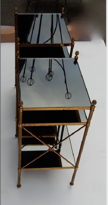 1950/70′ Pair of 3-Tier Brass Shelves Maison Baguès Black Opaline Trays