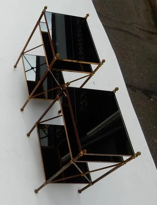 1950/70′ Pair of 3-Tier Brass Shelves Maison Baguès Black Opaline Trays