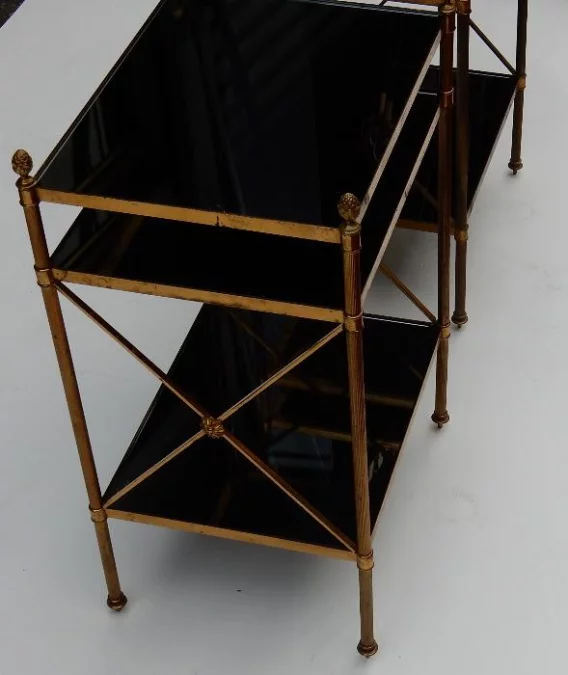 1950/70′ Pair of 3-Tier Brass Shelves Maison Baguès Black Opaline Trays
