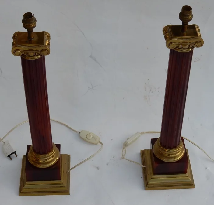1950/70 Pair Of Maison Jansen Lamps, Brass and Bakelite, Amber Color