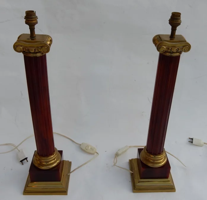 1950/70 Pair Of Maison Jansen Lamps, Brass and Bakelite, Amber Color