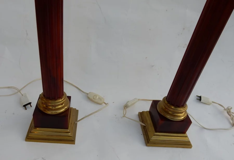1950/70 Pair Of Maison Jansen Lamps, Brass and Bakelite, Amber Color