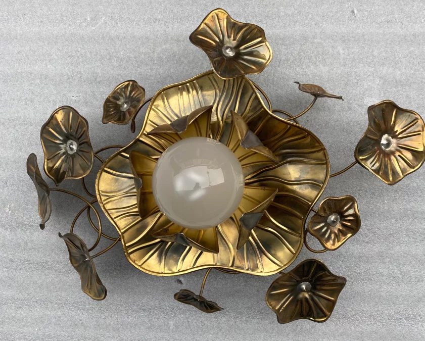 1970′ Maison Jansen Foliage Wall Or Ceiling Light in Brass 1 Bulb
