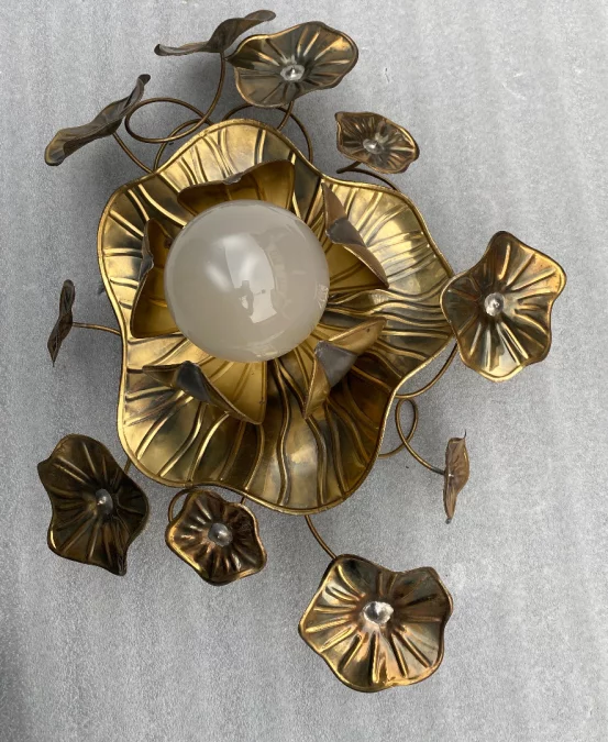 1970′ Maison Jansen Foliage Wall Or Ceiling Light in Brass 1 Bulb