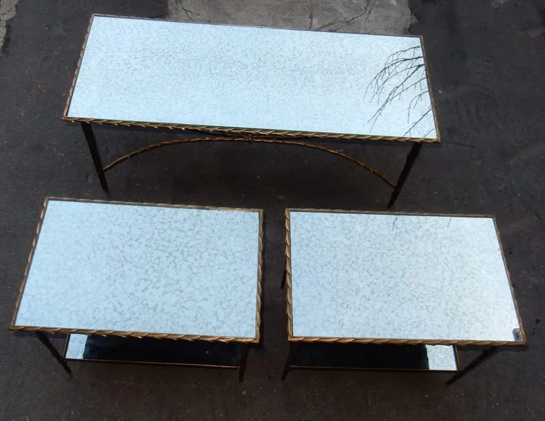 1950/70' Pair of Gilt Bronze Sofa Ends Palm Tree Decor Maison Charles