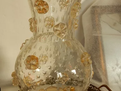 1970′ Barovier & Toso Style Murano Crystal Vase With Gold Flakes Unsigned