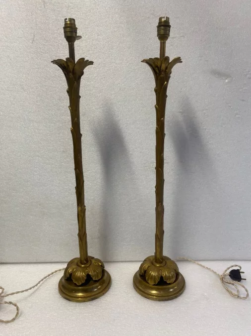 1970s Pair of Bronze Lamps by Maison Baguès, Palm Tree Decor