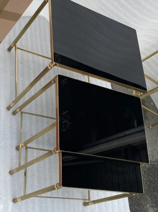 1970′ Maison Baguès Nesting Tables, 3 Black Mirror Tops and Fluted Uprights