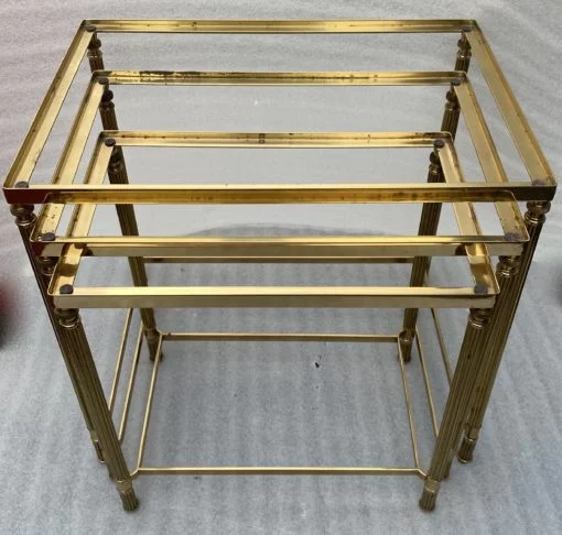 1970′ Maison Baguès Nesting Tables, 3 Black Mirror Tops and Fluted Uprights