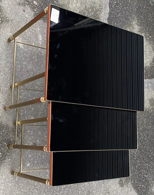1970′ Maison Baguès Nesting Tables, 3 Black Mirror Tops and Fluted Uprights